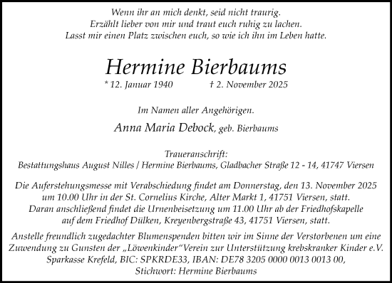 Traueranzeige von Hermine Bierbaums von trauer.panorama-anzeigenblatt.de