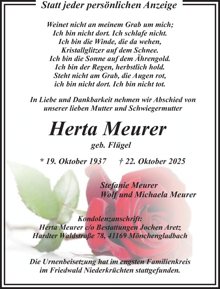  Traueranzeige für Herta Meurer vom 30.11.2025 aus trauer.panorama-anzeigenblatt.de