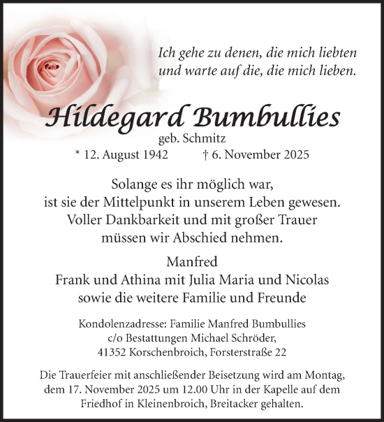 Traueranzeige von Hildegard Bumbullies von trauer.panorama-anzeigenblatt.de