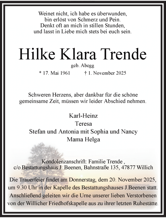 Traueranzeige von Hilke Klara Trende von trauer.panorama-anzeigenblatt.de