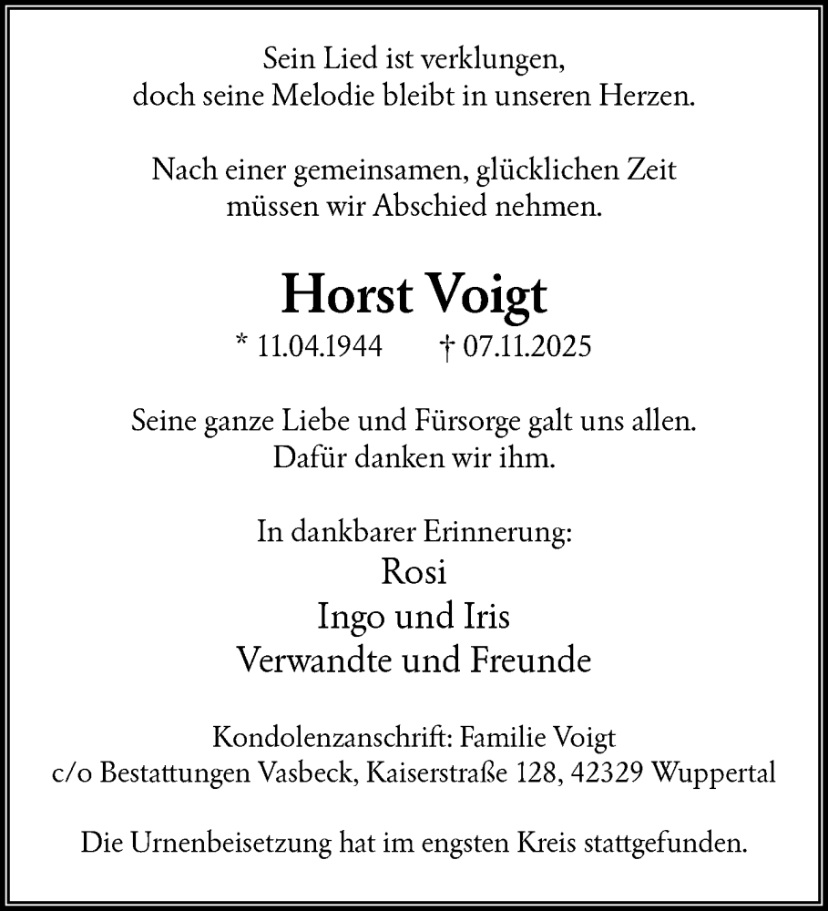  Traueranzeige für Horst Voigt vom 22.11.2025 aus trauer.wuppertaler-rundschau.de