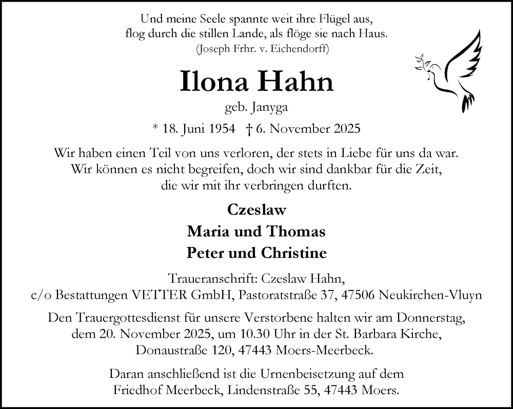  Traueranzeige für Ilona Hahn vom 16.11.2025 aus trauer.panorama-anzeigenblatt.de