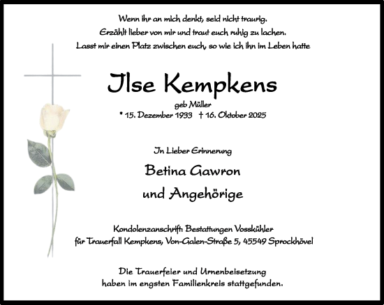 Traueranzeige von Ilse Kempkens von trauer.wuppertaler-rundschau.de