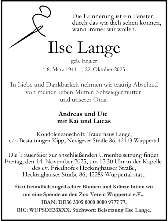 Traueranzeige von Ilse Lange von trauer.wuppertaler-rundschau.de