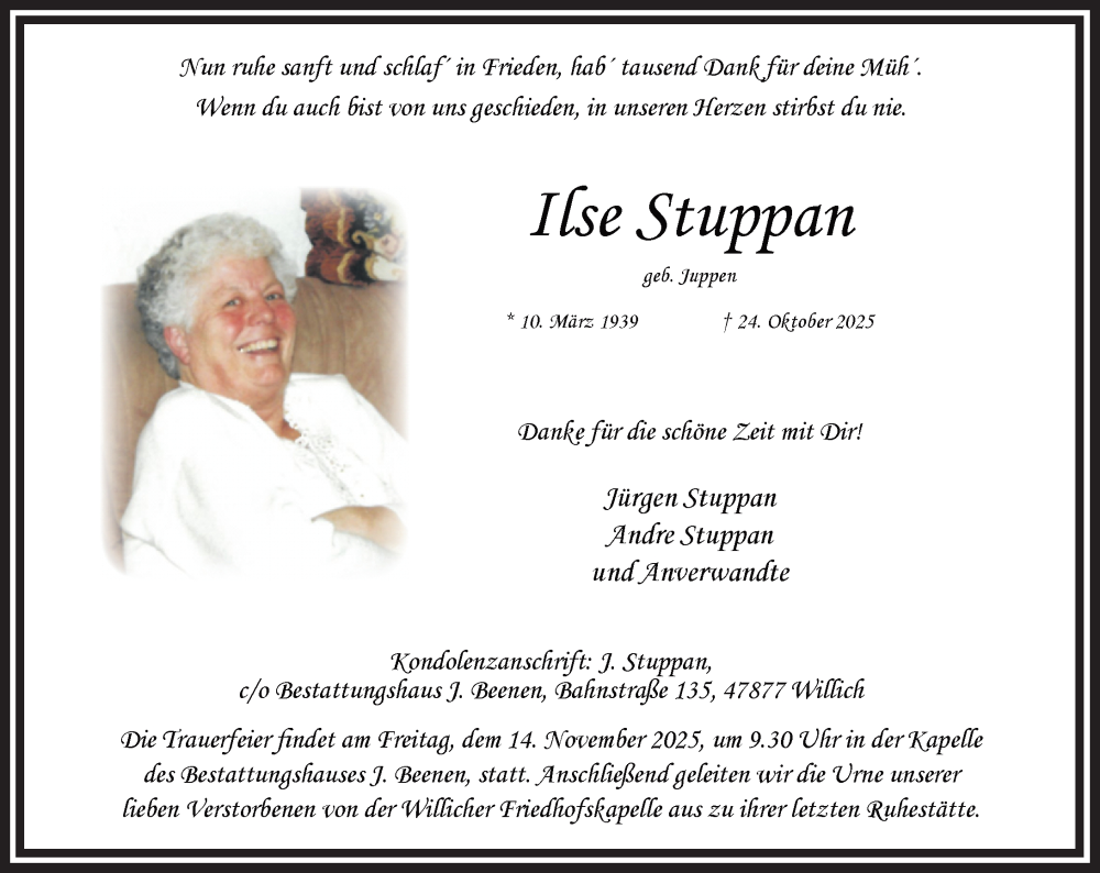  Traueranzeige für Ilse Stuppan vom 09.11.2025 aus trauer.panorama-anzeigenblatt.de
