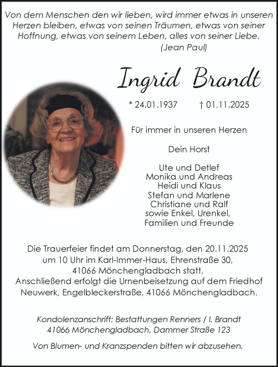 Traueranzeige von Ingrid Brandt von trauer.panorama-anzeigenblatt.de