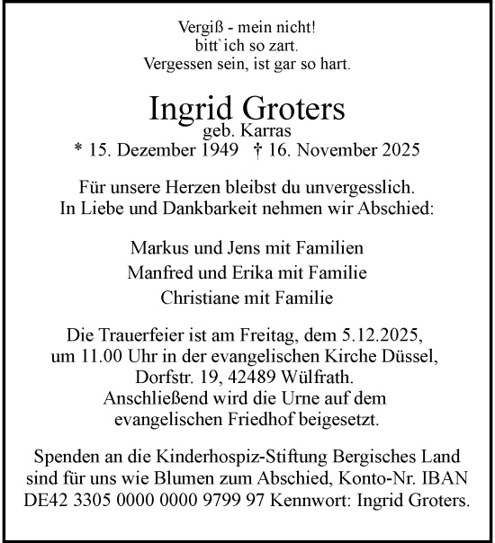 Traueranzeige von Ingrid Groters von trauer.wuppertaler-rundschau.de