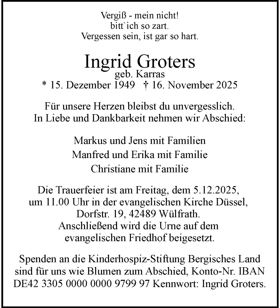  Traueranzeige für Ingrid Groters vom 29.11.2025 aus trauer.wuppertaler-rundschau.de