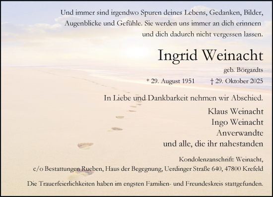 Traueranzeige von Ingrid Weinacht von trauer.panorama-anzeigenblatt.de