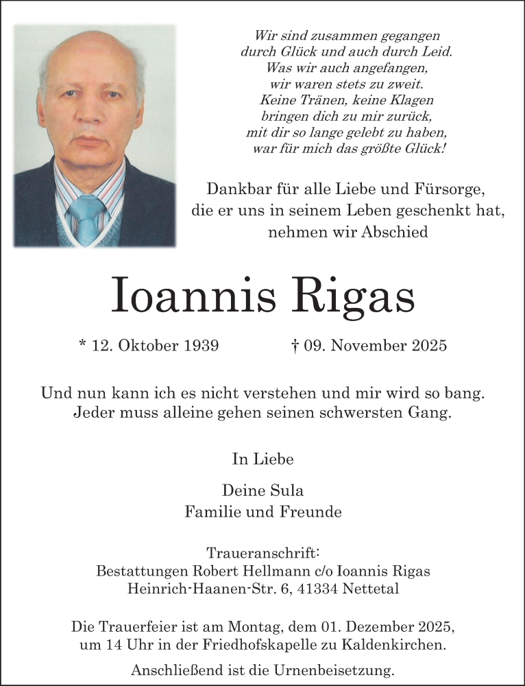  Traueranzeige für Ioannis Rigas vom 23.11.2025 aus trauer.panorama-anzeigenblatt.de