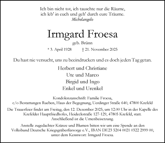 Traueranzeige von Irmgard Froesa von trauer.panorama-anzeigenblatt.de