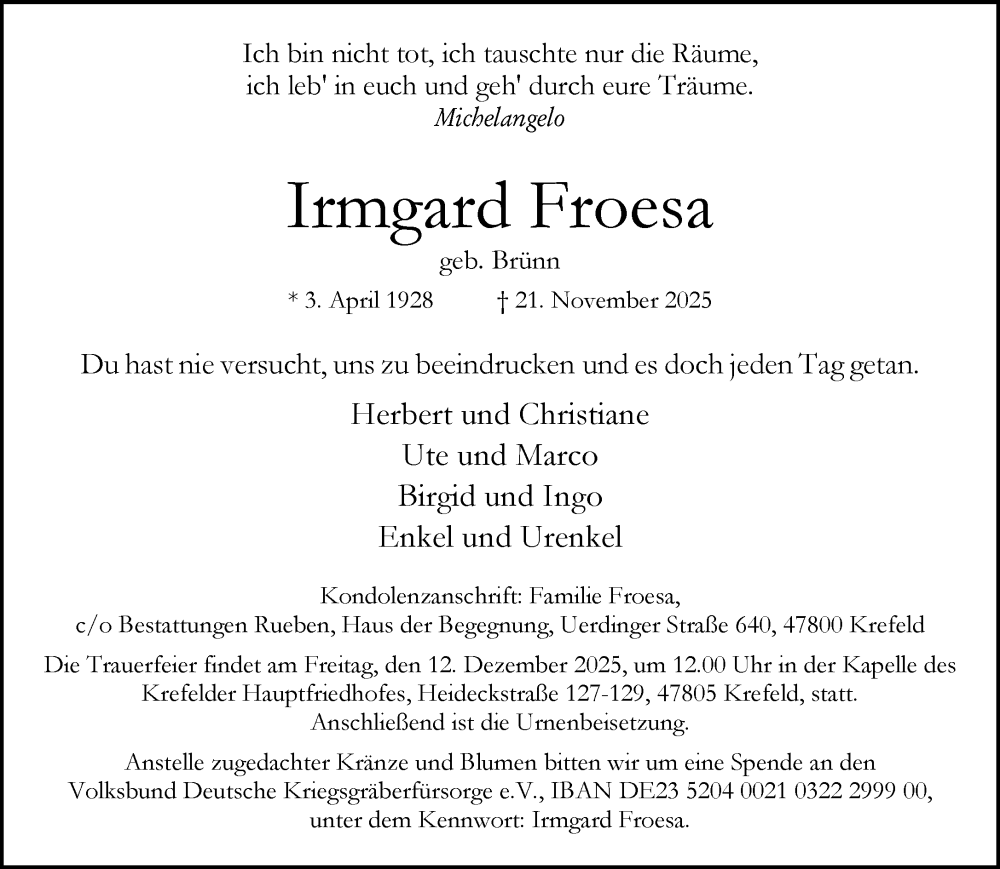  Traueranzeige für Irmgard Froesa vom 30.11.2025 aus trauer.panorama-anzeigenblatt.de