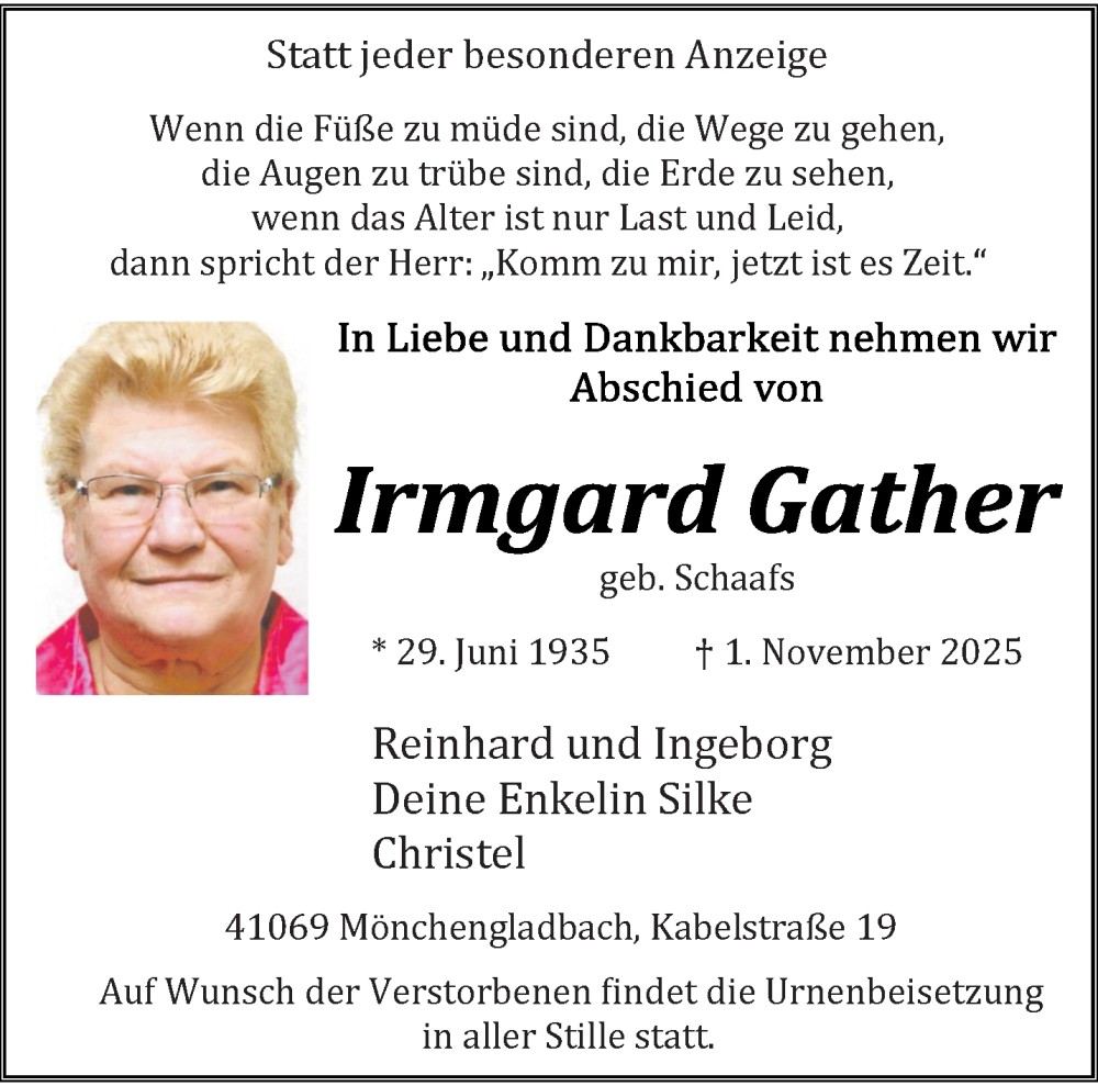  Traueranzeige für Irmgard Gather vom 09.11.2025 aus trauer.panorama-anzeigenblatt.de