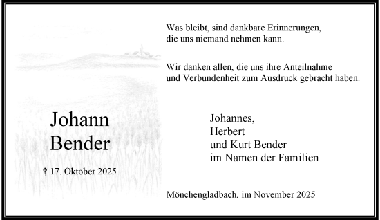 Traueranzeige von Johann Bender von trauer.panorama-anzeigenblatt.de