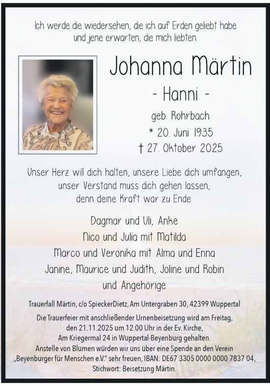 Traueranzeige von Johanna Märtin von trauer.wuppertaler-rundschau.de
