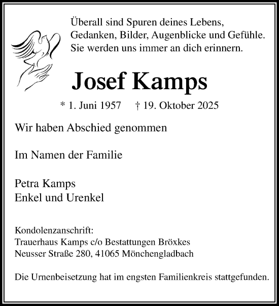 Traueranzeige von Josef Kamps von trauer.panorama-anzeigenblatt.de