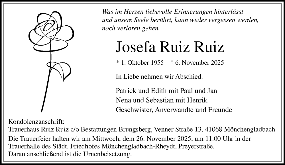  Traueranzeige für Josefa Ruiz Ruiz vom 23.11.2025 aus trauer.panorama-anzeigenblatt.de