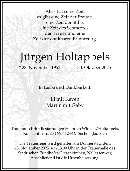 Traueranzeige von Jürgen Holtappels von trauer.panorama-anzeigenblatt.de