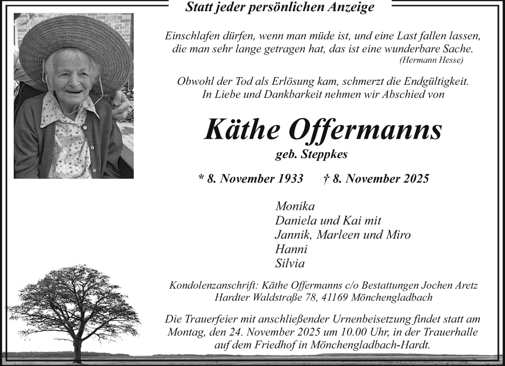  Traueranzeige für Käthe Offermanns vom 16.11.2025 aus trauer.panorama-anzeigenblatt.de