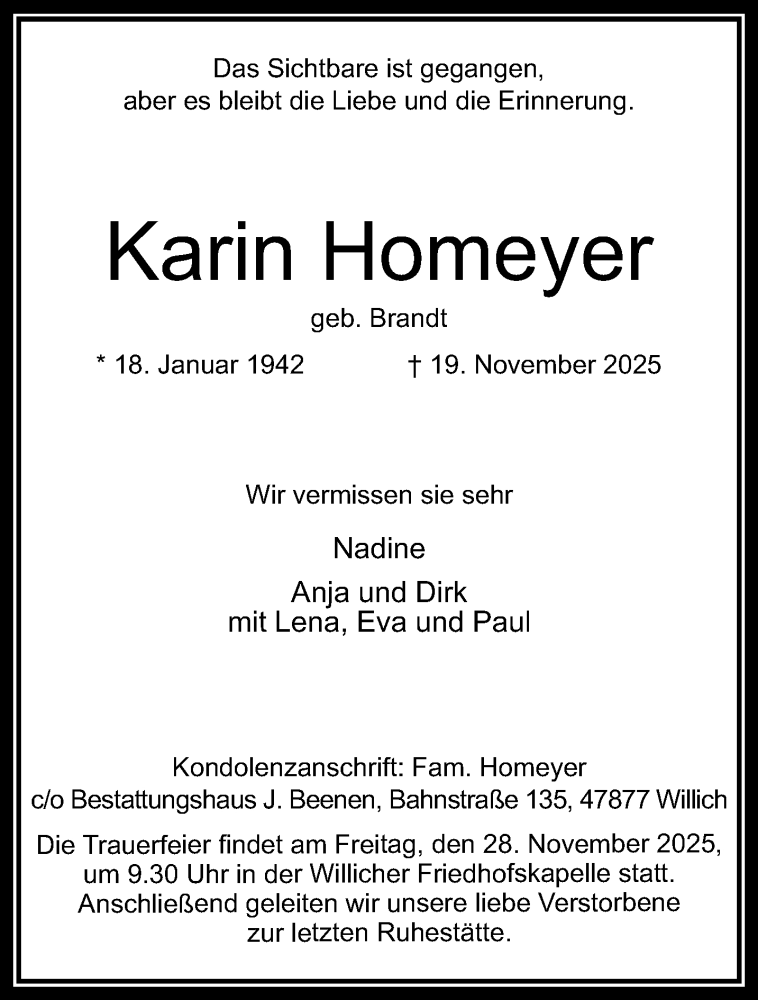  Traueranzeige für Karin Homeyer vom 23.11.2025 aus trauer.panorama-anzeigenblatt.de