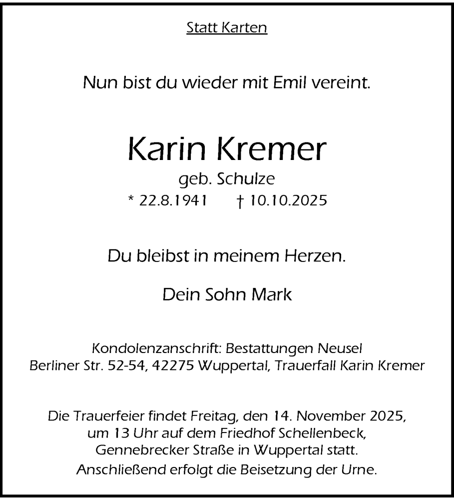  Traueranzeige für Karin Kremer vom 08.11.2025 aus trauer.wuppertaler-rundschau.de