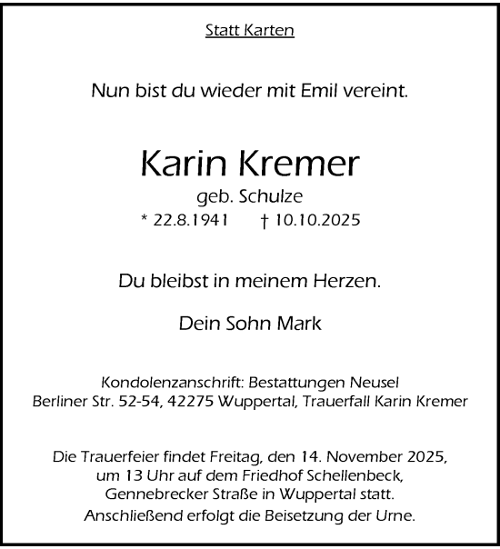 Traueranzeige von Karin Kremer von trauer.wuppertaler-rundschau.de