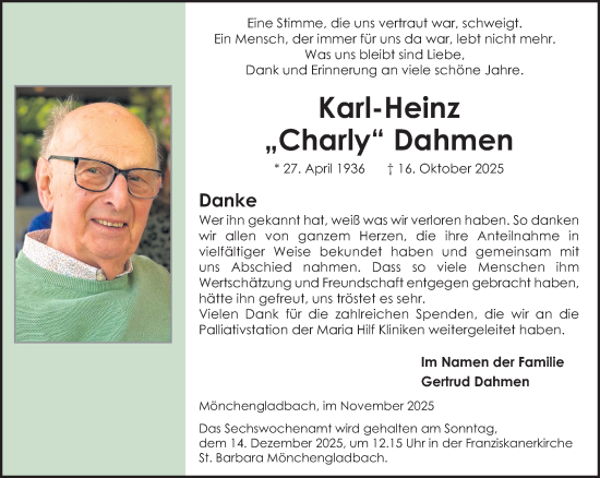 Traueranzeige von Karl-Heinz Dahmen von trauer.panorama-anzeigenblatt.de