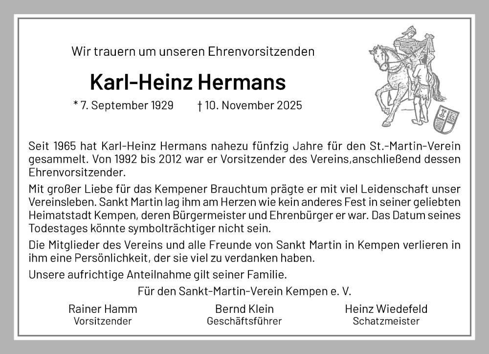  Traueranzeige für Karl-Heinz Hermans vom 16.11.2025 aus trauer.panorama-anzeigenblatt.de