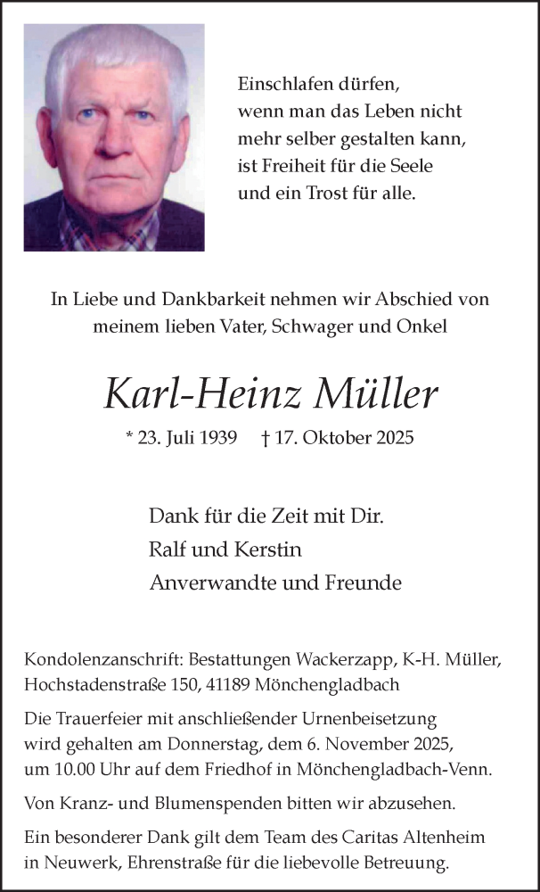  Traueranzeige für Karl-Heinz Müller vom 02.11.2025 aus trauer.panorama-anzeigenblatt.de