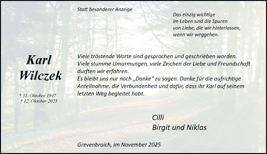 Traueranzeige von Karl Wilczek von trauer.stadt-kurier.de