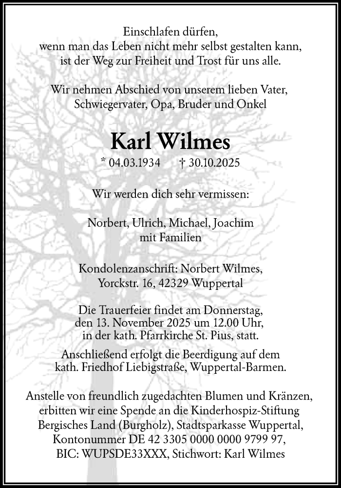  Traueranzeige für Karl Wilmes vom 08.11.2025 aus trauer.wuppertaler-rundschau.de