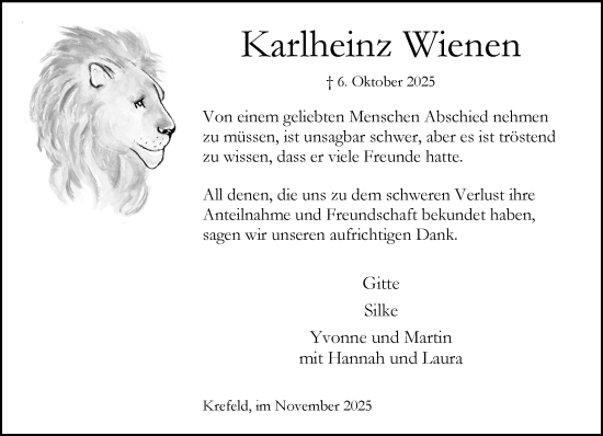 Traueranzeige von Karlheinz Wienen von trauer.panorama-anzeigenblatt.de