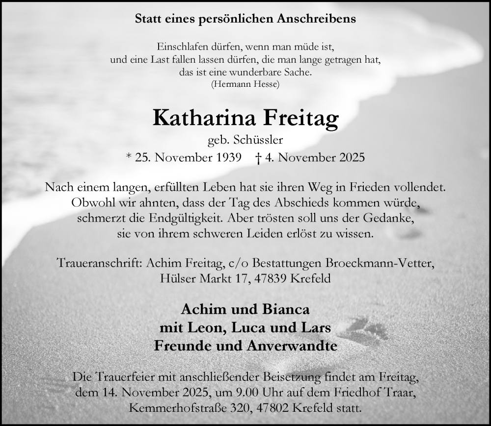  Traueranzeige für Katharina Freitag vom 09.11.2025 aus trauer.panorama-anzeigenblatt.de