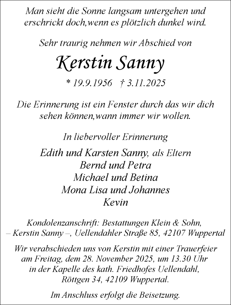  Traueranzeige für Kerstin Sanny vom 22.11.2025 aus trauer.wuppertaler-rundschau.de