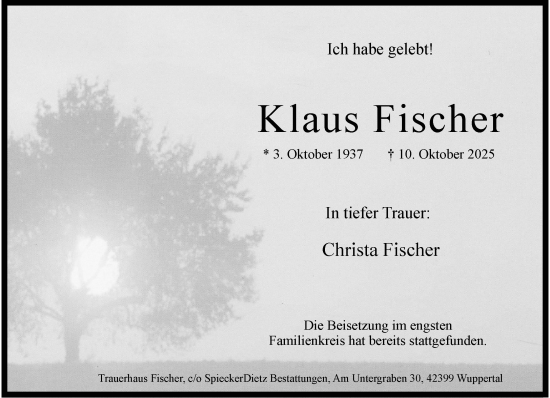 Traueranzeige von Klaus Fischer von trauer.wuppertaler-rundschau.de