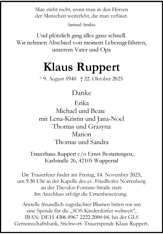 Traueranzeige von Klaus Ruppert von trauer.wuppertaler-rundschau.de