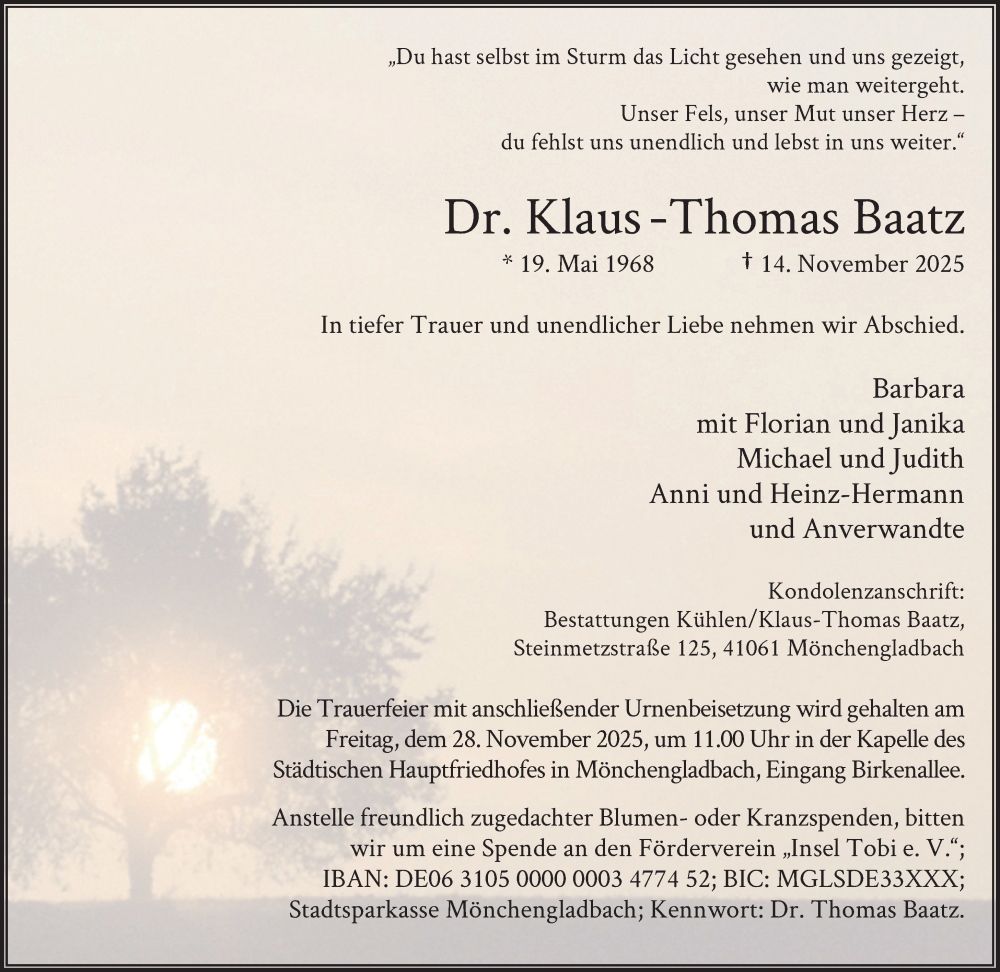  Traueranzeige für Klaus-Thomas Baatz vom 23.11.2025 aus trauer.panorama-anzeigenblatt.de