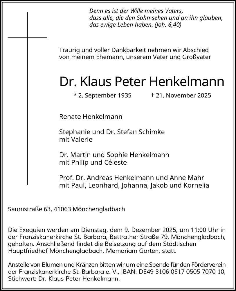  Traueranzeige für Klaus Peter Henkelmann vom 30.11.2025 aus trauer.panorama-anzeigenblatt.de