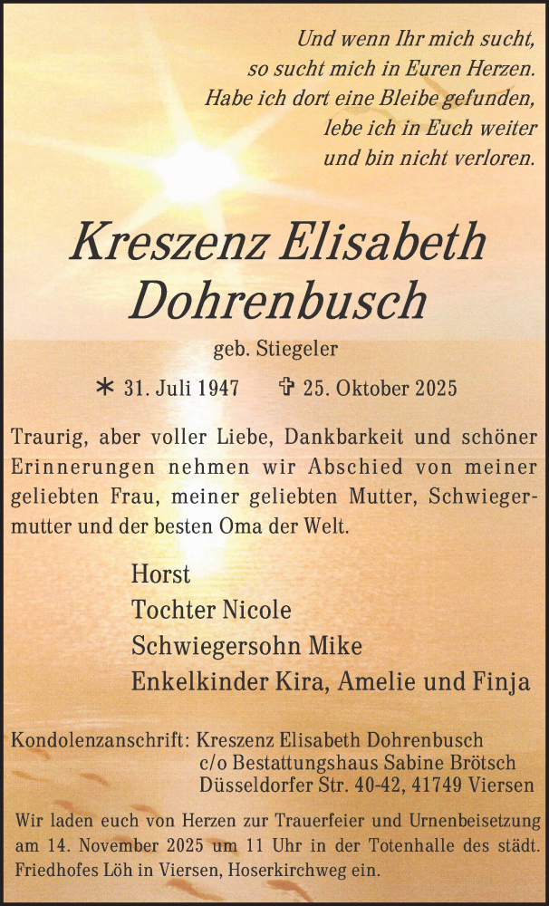  Traueranzeige für Kreszenz Elisabeth Dohrenbusch vom 09.11.2025 aus trauer.panorama-anzeigenblatt.de