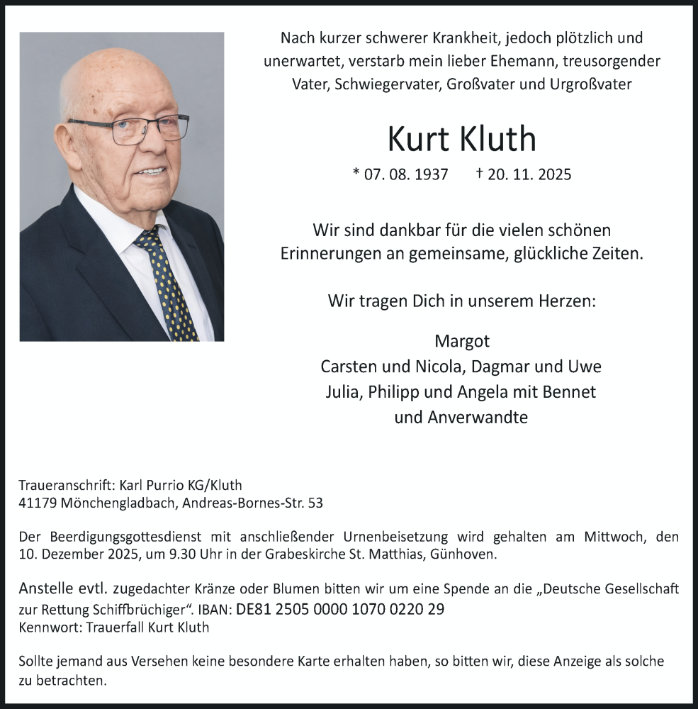  Traueranzeige für Kurt Kluth vom 30.11.2025 aus trauer.panorama-anzeigenblatt.de