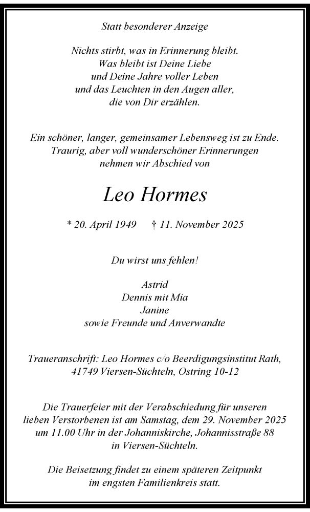  Traueranzeige für Leo Hormes vom 23.11.2025 aus trauer.panorama-anzeigenblatt.de