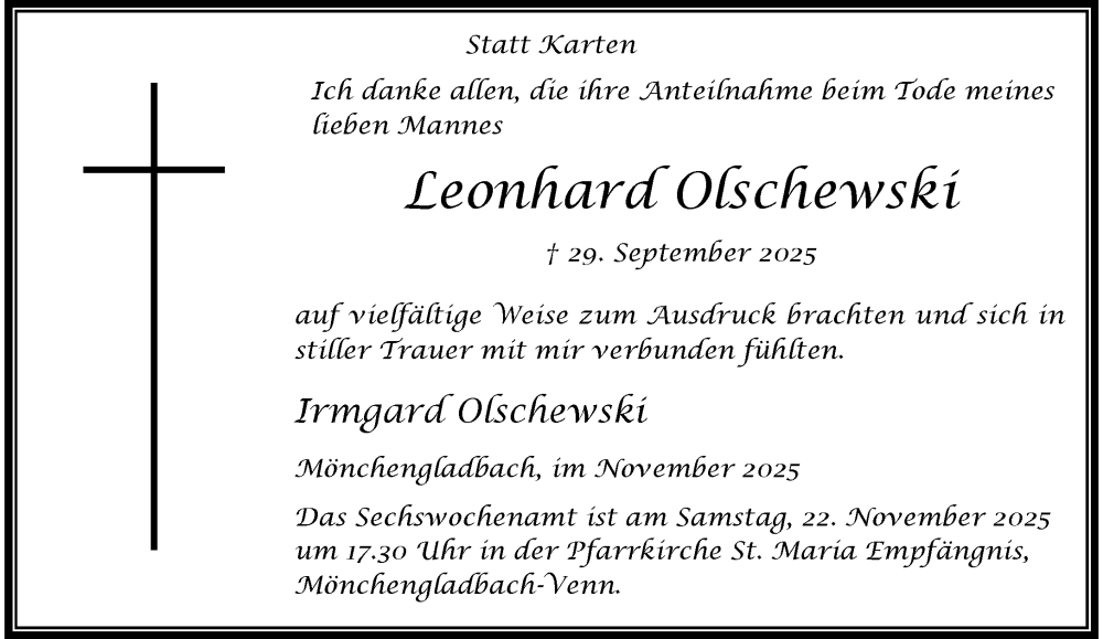  Traueranzeige für Leonhard Olschewski vom 16.11.2025 aus trauer.panorama-anzeigenblatt.de