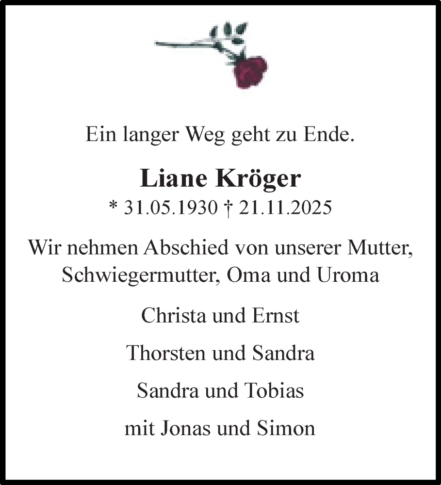  Traueranzeige für Liane Kröger vom 29.11.2025 aus trauer.wuppertaler-rundschau.de