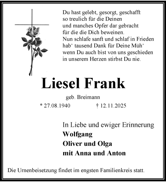 Traueranzeige von Liesel Frank von trauer.panorama-anzeigenblatt.de