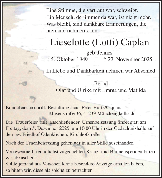 Traueranzeige von Lieselotte Caplan von trauer.panorama-anzeigenblatt.de