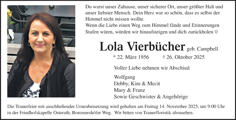  Traueranzeige für Lola Vierbücher vom 09.11.2025 aus trauer.panorama-anzeigenblatt.de