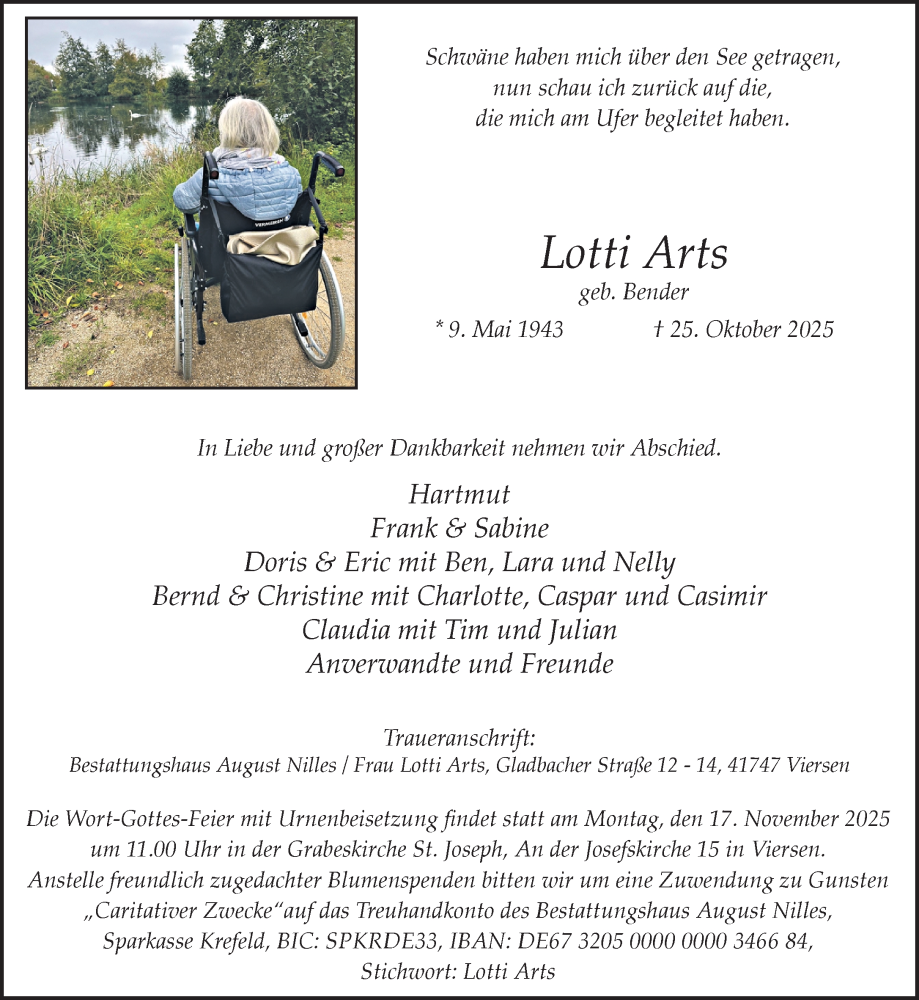  Traueranzeige für Lotti Arts vom 09.11.2025 aus trauer.panorama-anzeigenblatt.de