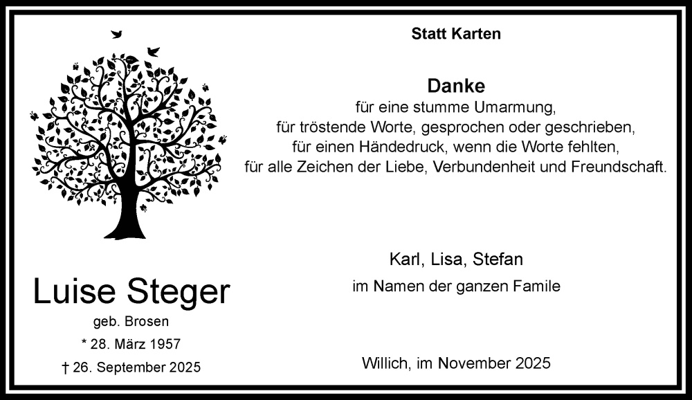  Traueranzeige für Luise Steger vom 16.11.2025 aus trauer.panorama-anzeigenblatt.de