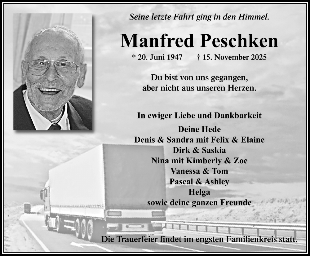  Traueranzeige für Manfred Peschken vom 23.11.2025 aus trauer.panorama-anzeigenblatt.de