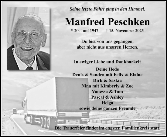 Traueranzeige von Manfred Peschken von trauer.panorama-anzeigenblatt.de